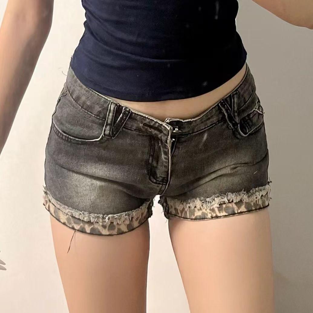 Washed Black Denim Shorts with Leopard Trim – High Waist Distressed Hot Pants (S–XL)