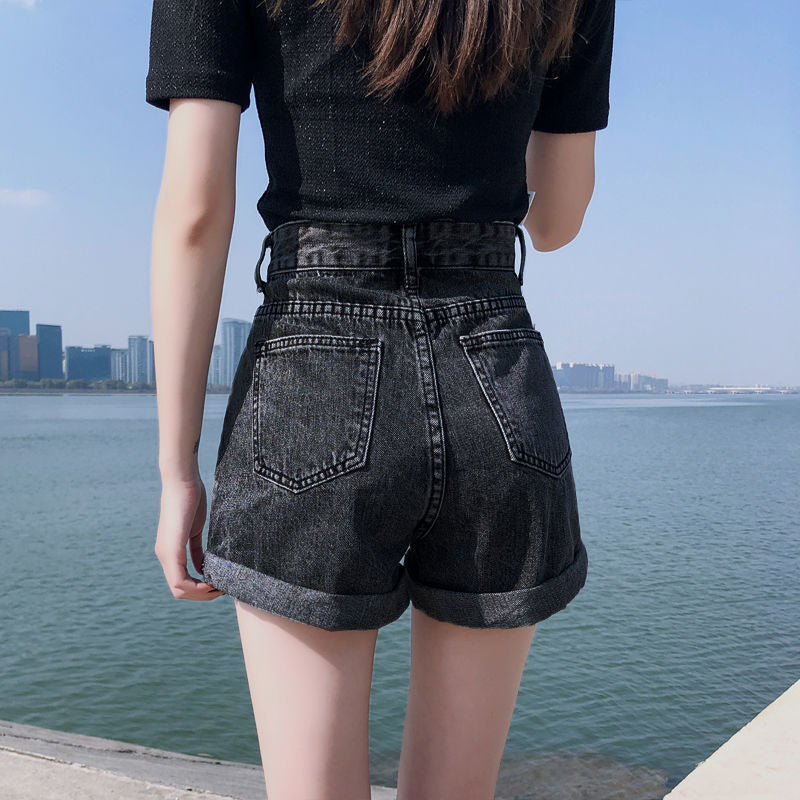 High-Waisted Vintage Black Washed Denim Shorts – Loose Straight-Leg Cuffed Style (S–XL)
