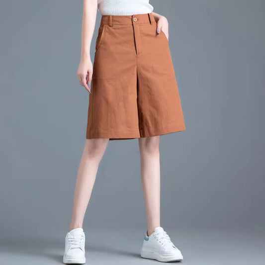 Caramel High-Waisted Wide-Leg Bermuda Shorts for Women – Knee-Length Skirt-Like Design (S–XL)