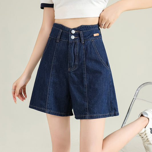 High-Waisted Dark Blue Denim Shorts – Women's Vintage Straight-Leg Bermuda Shorts (S–XL)