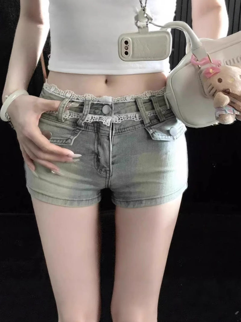 Lace Trim High-Waisted Denim Shorts – Slim Fit Washed Hot Pants (S–XL)