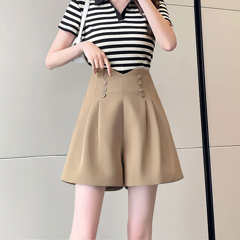 Women’s High-Waisted Pleated Shorts with Double-Breasted Button Design – Elegant A-Line Silhouette (S–XL)