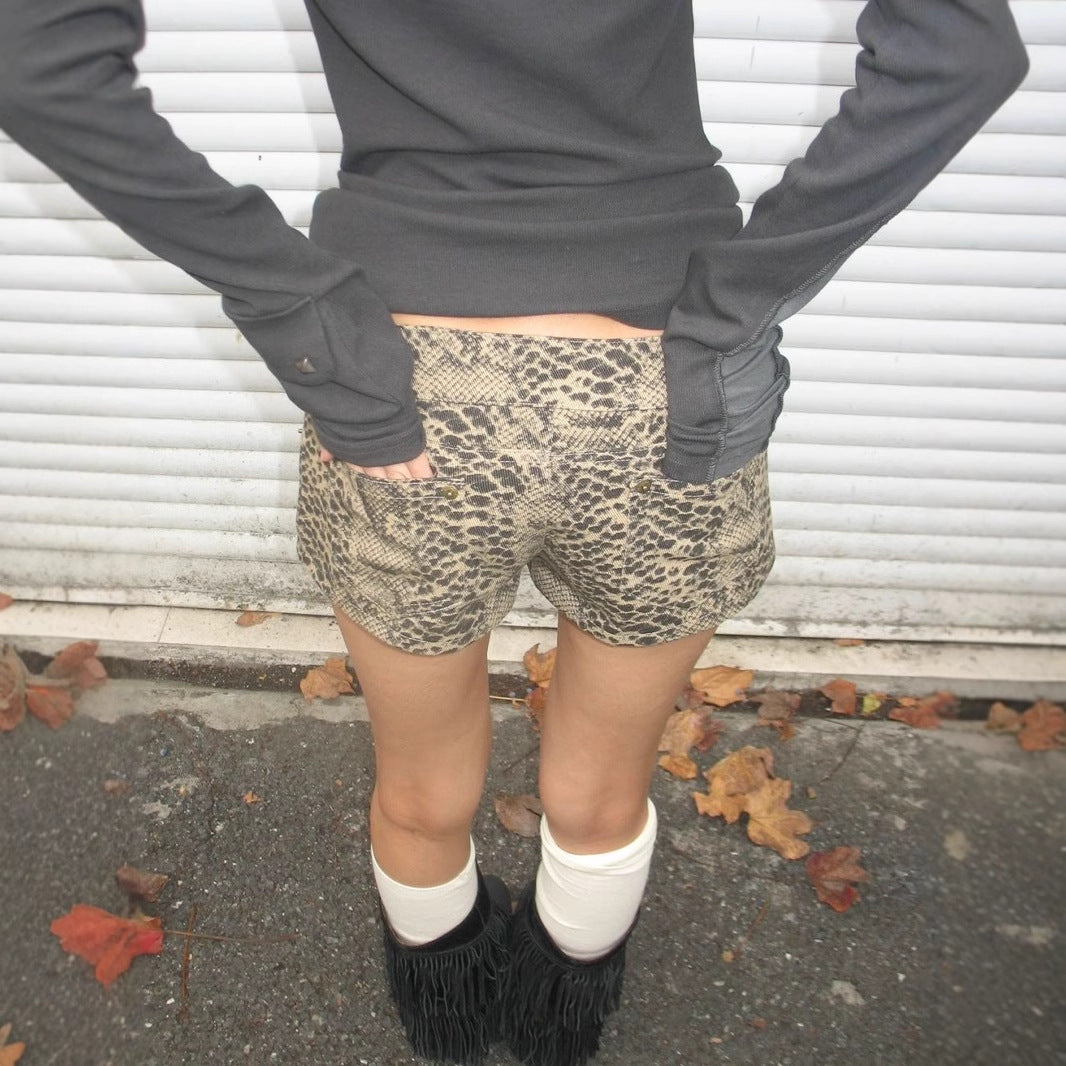 Leopard Print Lace-Up Hot Shorts – Low Waist Sexy Beaded Shorts for Women (S–XL)