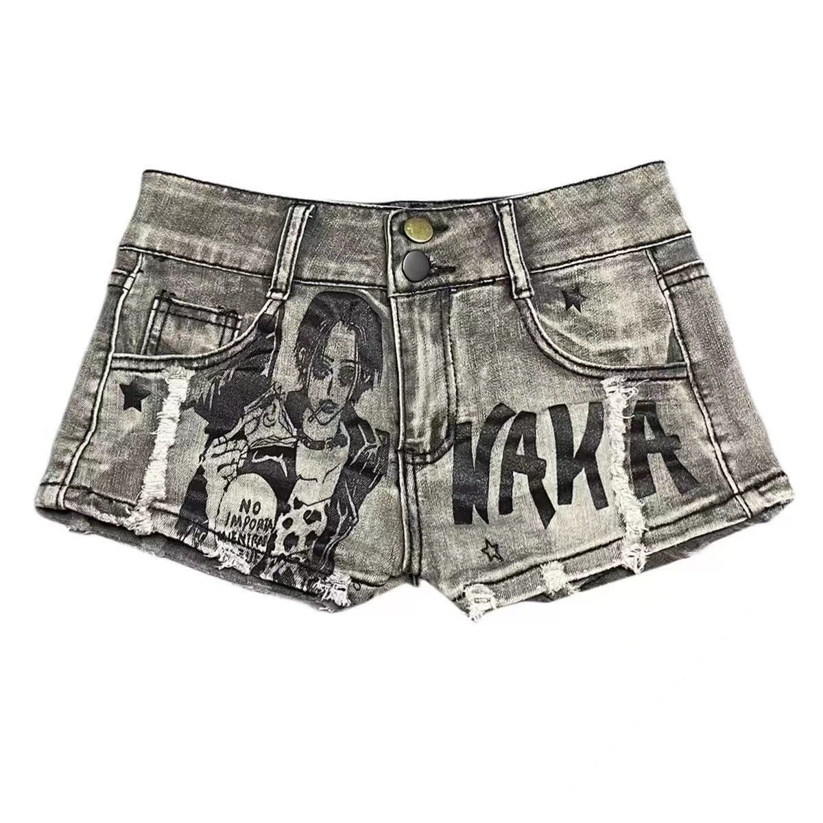 Graffiti Print Distressed Denim Shorts – High Waist Washed Hot Pants for Women (S–XL)