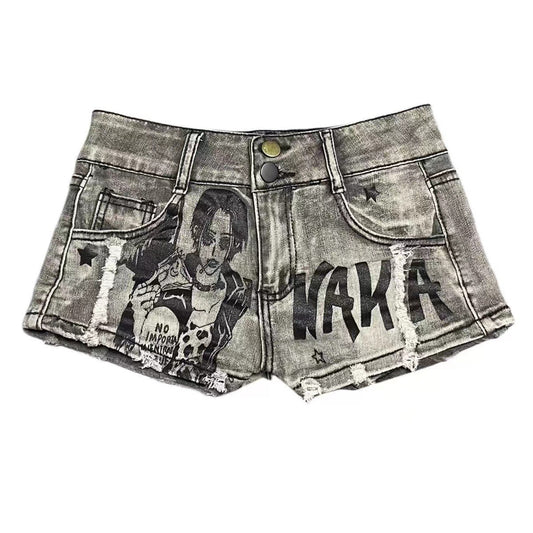 Graffiti Print Distressed Denim Shorts – High Waist Washed Hot Pants for Women (S–XL)