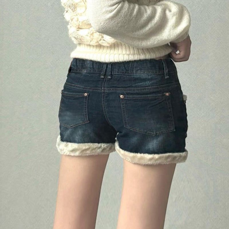 Women's Winter Fleece-Lined Denim Shorts – High Waist Warm Jean Shorts with Faux Fur Trim (S–XL)