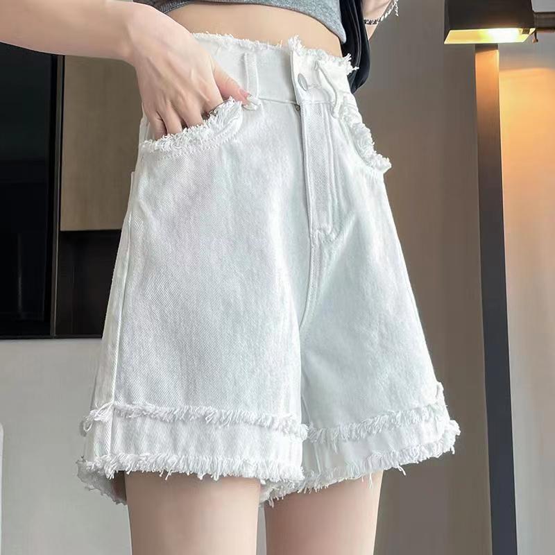 High-Waisted White Denim Shorts for Women – Fringe Hem A-Line Casual Slimming Shorts (S–XL)