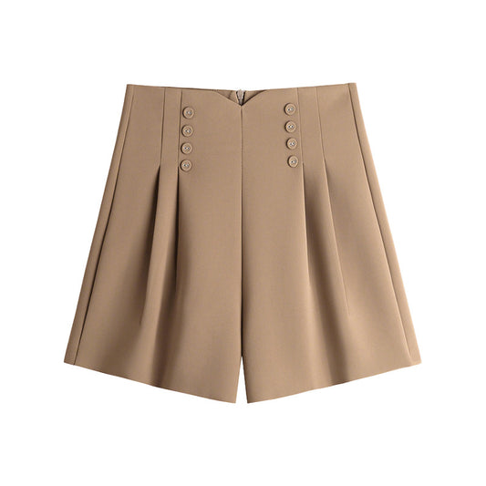 Women’s High-Waisted Pleated Shorts with Double-Breasted Button Design – Elegant A-Line Silhouette (S–XL)
