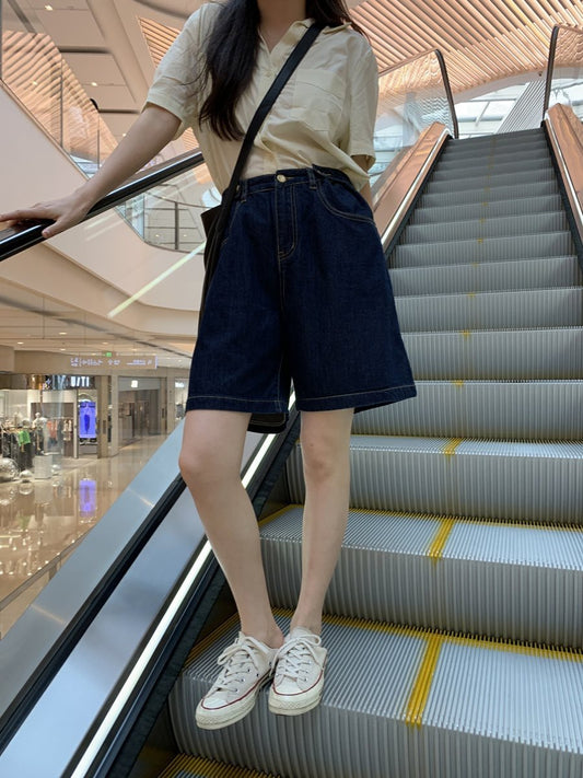 High-Waisted Straight Denim Bermuda Shorts for Women – Dark Blue Vintage Casual Mid-Length Shorts (S–XL)