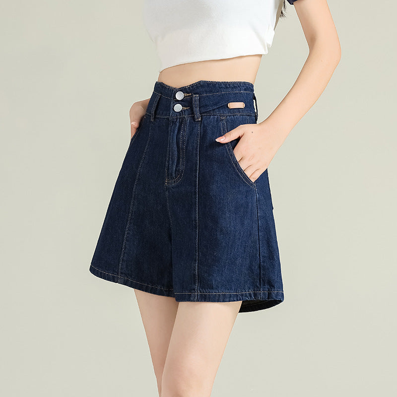 High-Waisted Dark Blue Denim Shorts – Women's Vintage Straight-Leg Bermuda Shorts (S–XL)