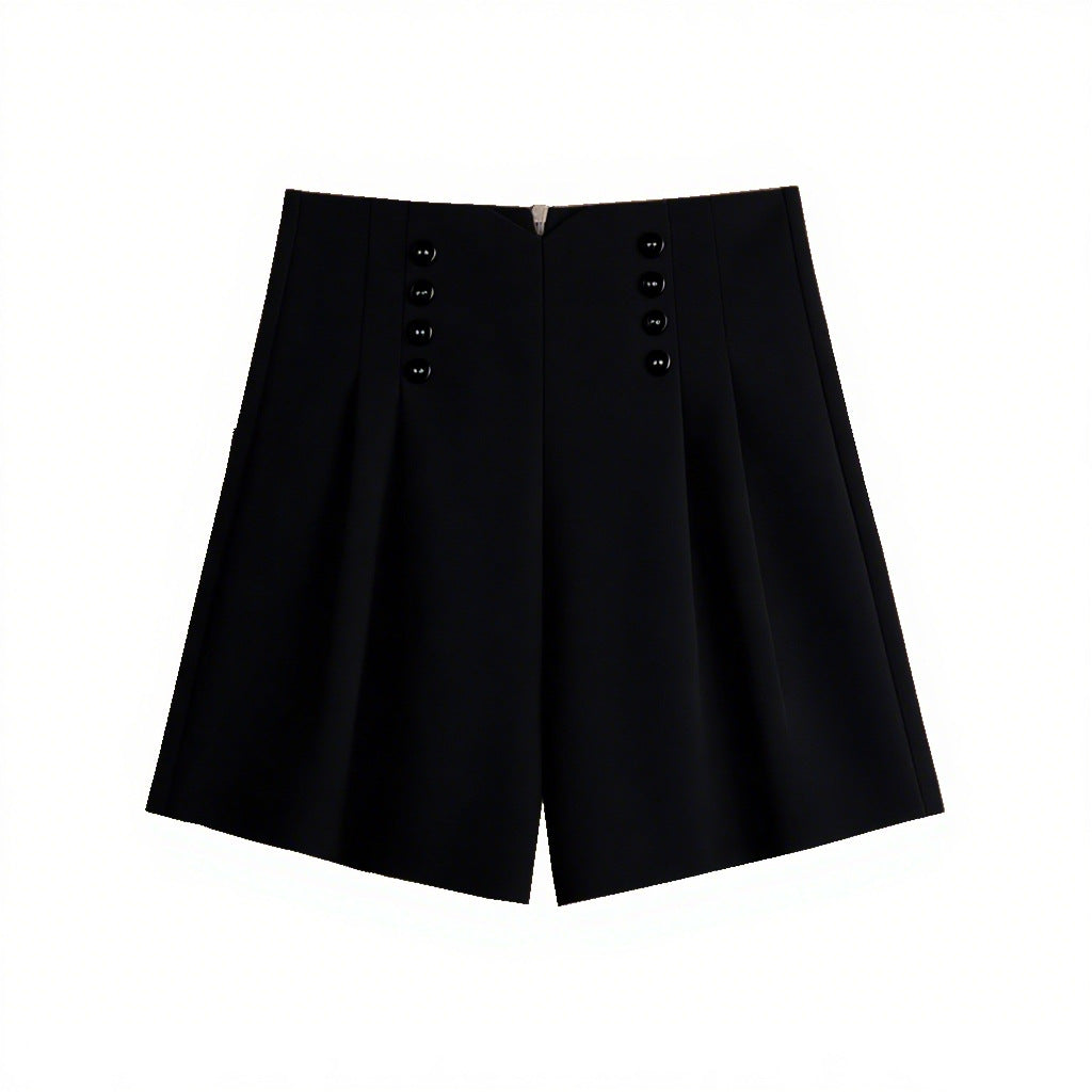 Women’s Black High-Waisted Pleated Shorts with Double-Breasted Button Detail – Elegant A-Line Tailored Shorts (S–XL)