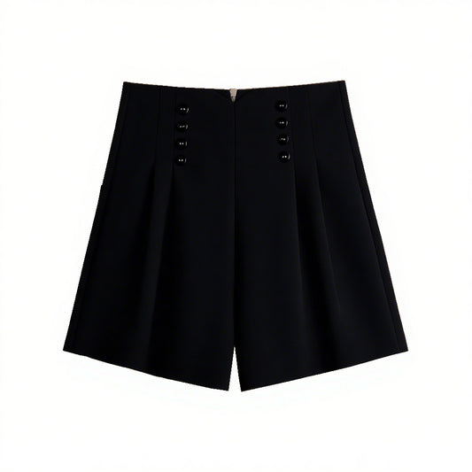 Women’s Black High-Waisted Pleated Shorts with Double-Breasted Button Detail – Elegant A-Line Tailored Shorts (S–XL)
