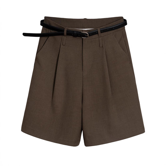 Women's High-Waisted Tailored Shorts – Dark Brown Office Casual Bermuda Shorts with Belt (S–XL)
