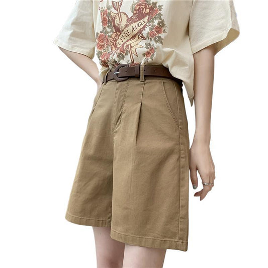 High-Waisted Khaki Tailored Shorts – Women's Loose-Fit Mid-Thigh Bermuda Pants (S–XL)