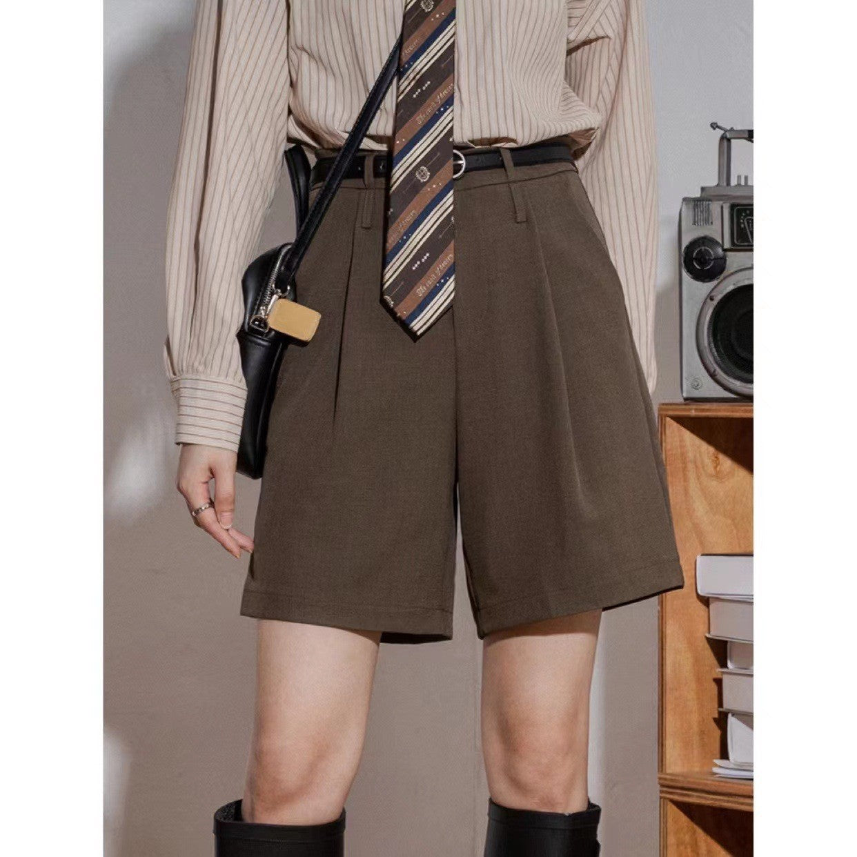 Women's High-Waisted Tailored Shorts – Dark Brown Office Casual Bermuda Shorts with Belt (S–XL)