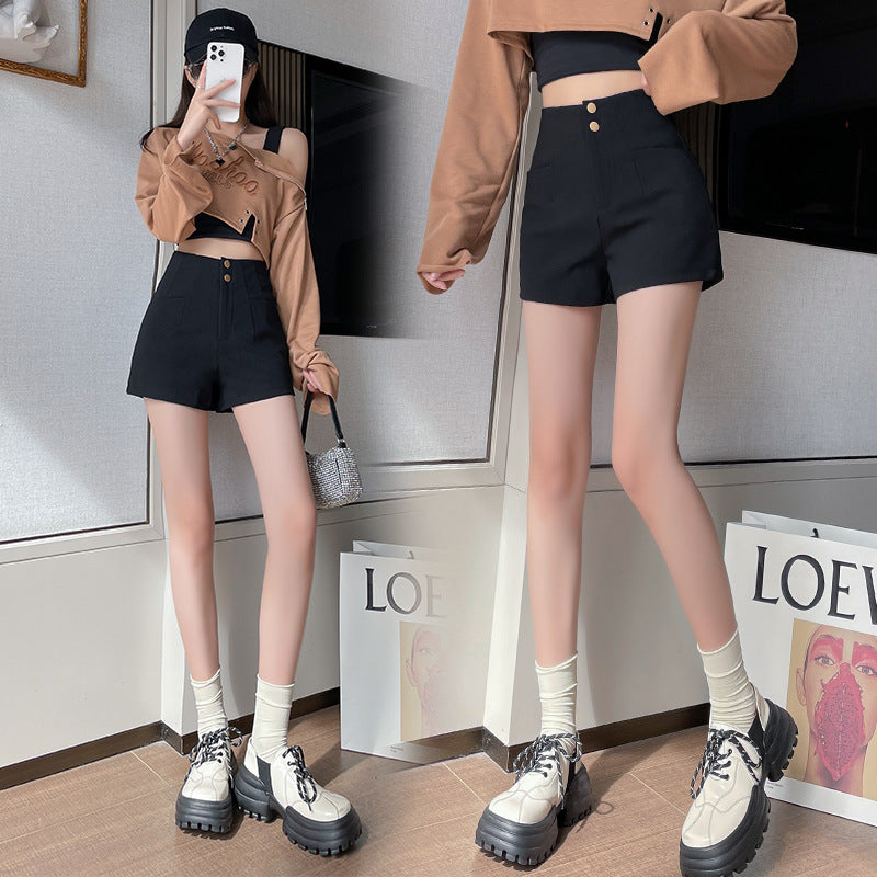 Exquisite Double - Button Black High - Waisted Shorts