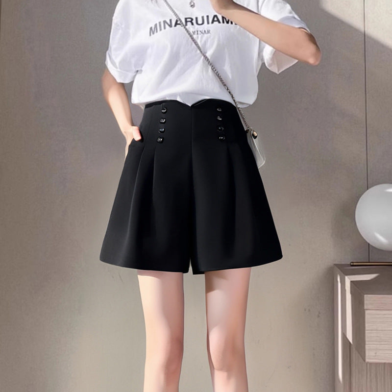 Women’s Black High-Waisted Pleated Shorts with Double-Breasted Button Detail – Elegant A-Line Tailored Shorts (S–XL)