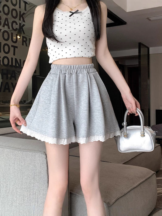 Sweet Lace - Trimmed Grey Casual Shorts