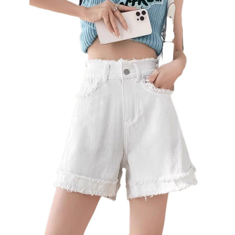 High-Waisted White Denim Shorts for Women – Fringe Hem A-Line Casual Slimming Shorts (S–XL)