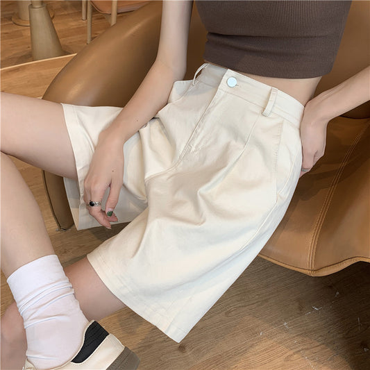 High-Waisted Cream Tailored Shorts – Women's Minimalist Loose-Fit Bermuda Shorts (S–XL)