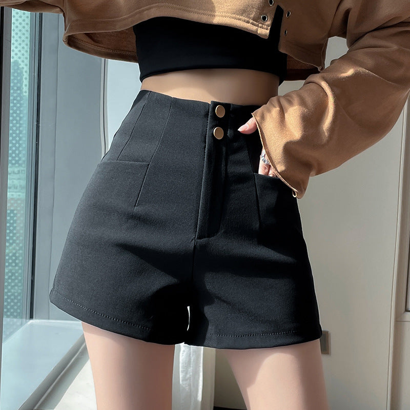Exquisite Double - Button Black High - Waisted Shorts