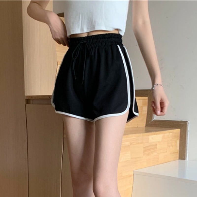 Women's Black Athletic Shorts with White Trim – High Waist Drawstring Casual Activewear (S–XL)
