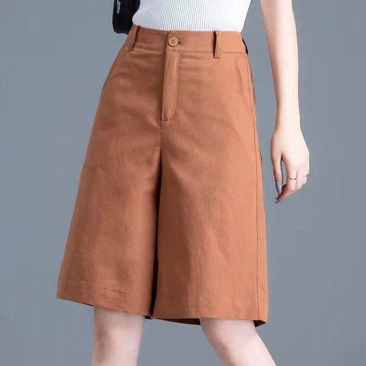 Caramel High-Waisted Wide-Leg Bermuda Shorts for Women – Knee-Length Skirt-Like Design (S–XL)