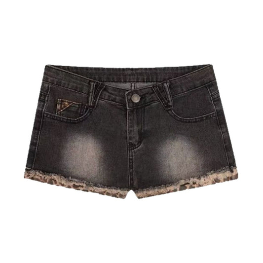 Washed Black Denim Shorts with Leopard Trim – High Waist Distressed Hot Pants (S–XL)
