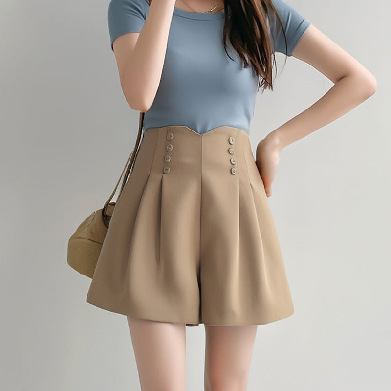 Women’s High-Waisted Pleated Shorts with Double-Breasted Button Design – Elegant A-Line Silhouette (S–XL)