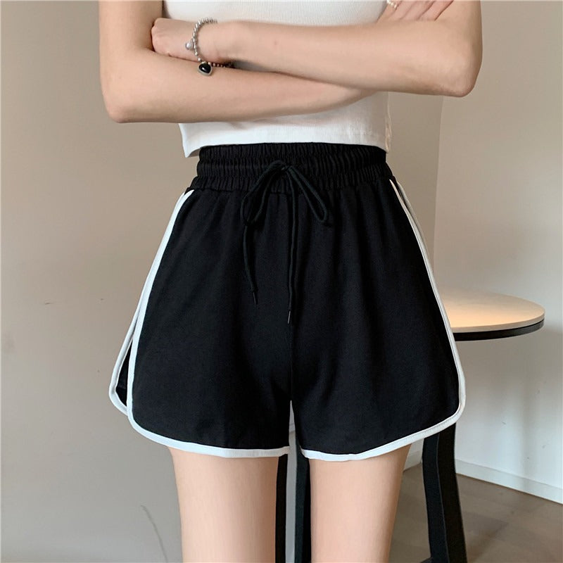 Women's Black Athletic Shorts with White Trim – High Waist Drawstring Casual Activewear (S–XL)