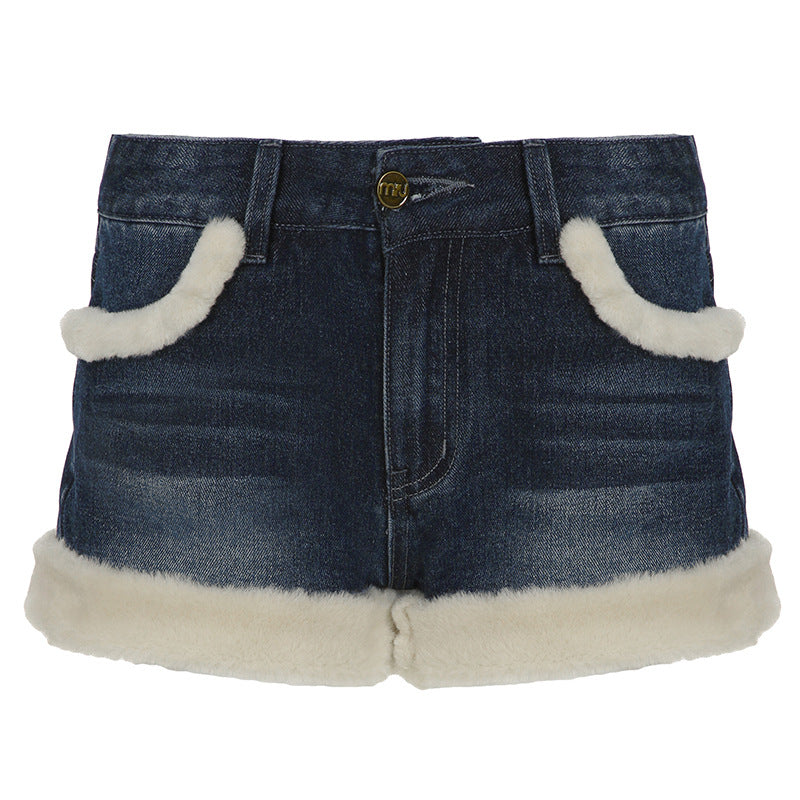 Women's Winter Fleece-Lined Denim Shorts – High Waist Warm Jean Shorts with Faux Fur Trim (S–XL)