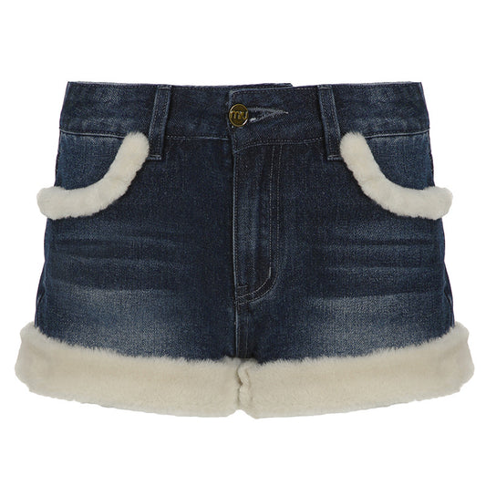 Women's Winter Fleece-Lined Denim Shorts – High Waist Warm Jean Shorts with Faux Fur Trim (S–XL)