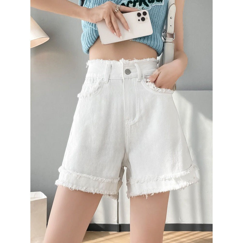 High-Waisted White Denim Shorts for Women – Fringe Hem A-Line Casual Slimming Shorts (S–XL)