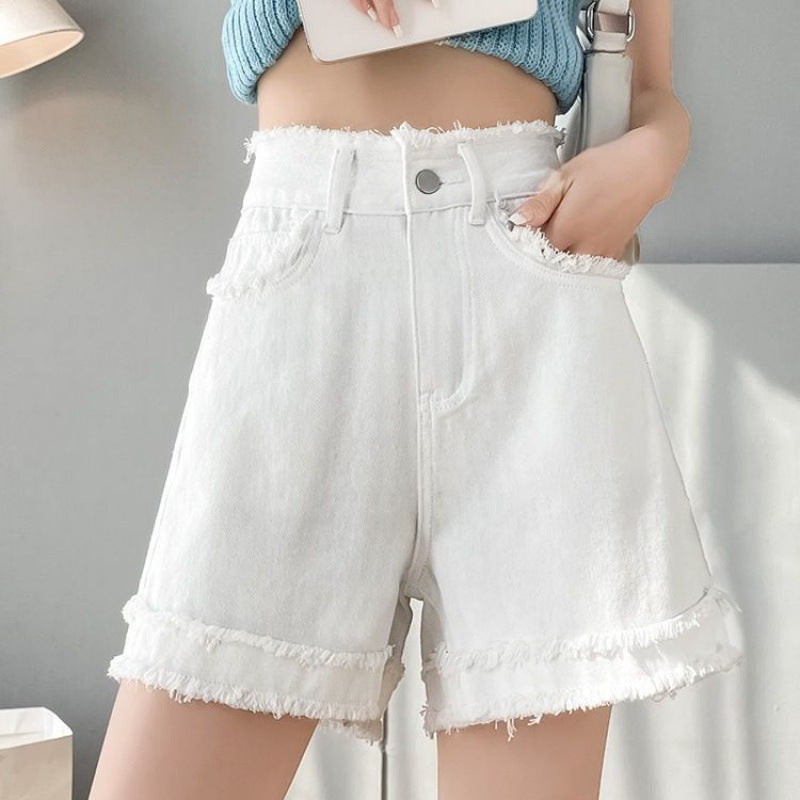 High-Waisted White Denim Shorts for Women – Fringe Hem A-Line Casual Slimming Shorts (S–XL)