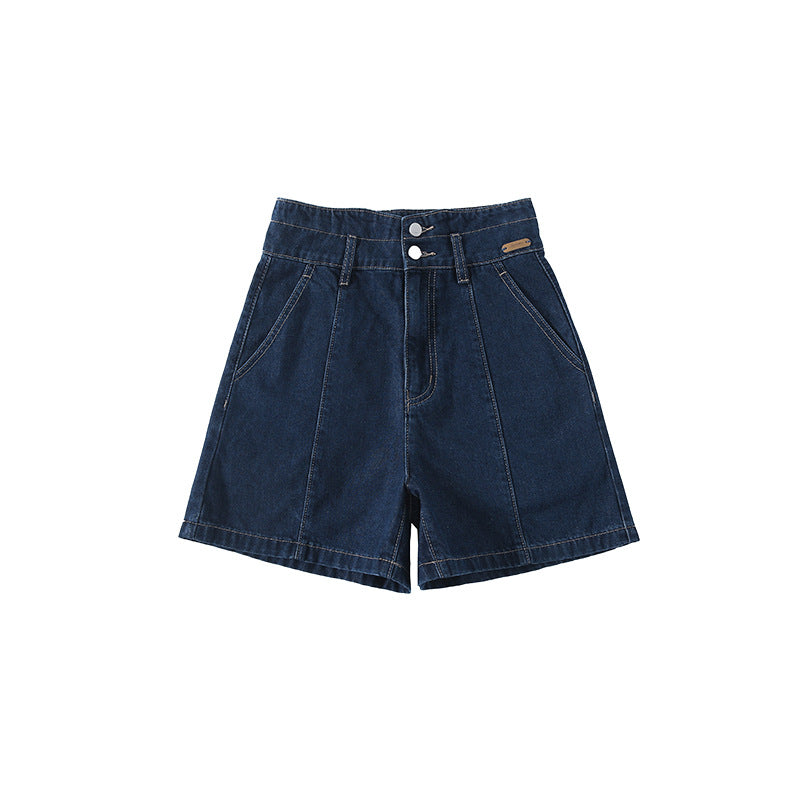 High-Waisted Dark Blue Denim Shorts – Women's Vintage Straight-Leg Bermuda Shorts (S–XL)