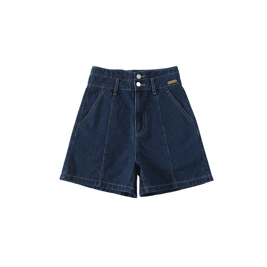 High-Waisted Dark Blue Denim Shorts – Women's Vintage Straight-Leg Bermuda Shorts (S–XL)