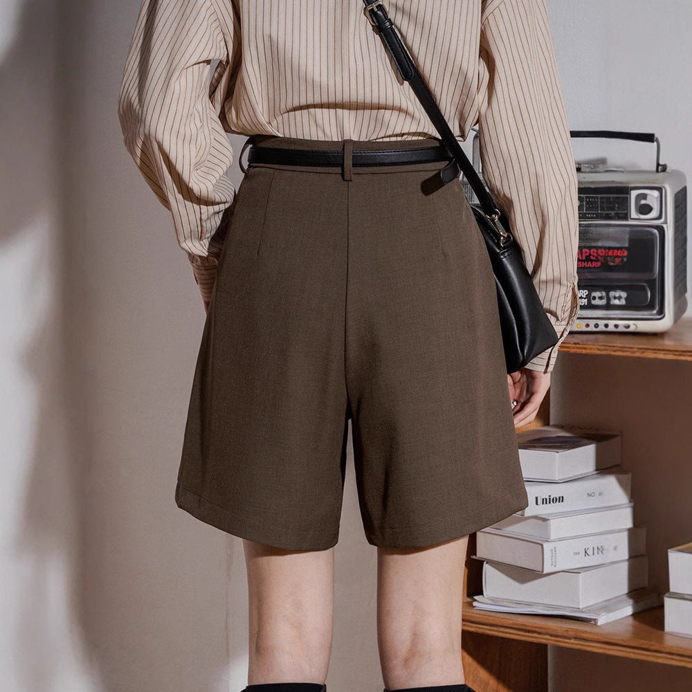 Women's High-Waisted Tailored Shorts – Dark Brown Office Casual Bermuda Shorts with Belt (S–XL)