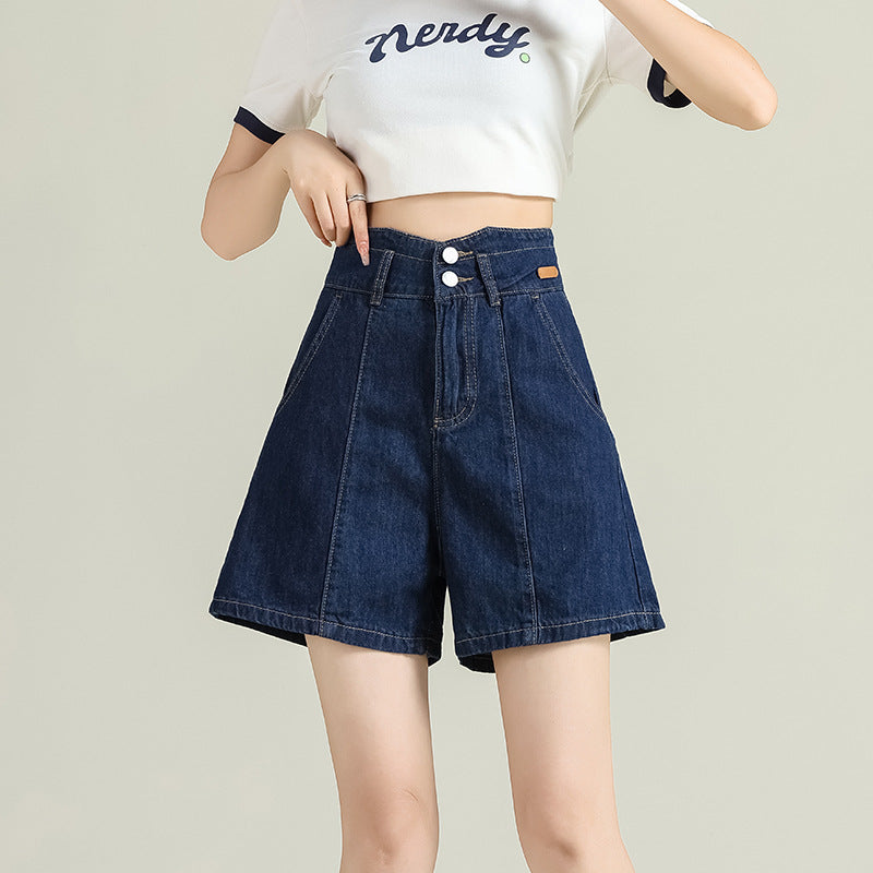 High-Waisted Dark Blue Denim Shorts – Women's Vintage Straight-Leg Bermuda Shorts (S–XL)