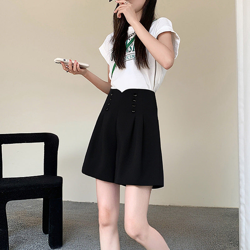Women’s Black High-Waisted Pleated Shorts with Double-Breasted Button Detail – Elegant A-Line Tailored Shorts (S–XL)