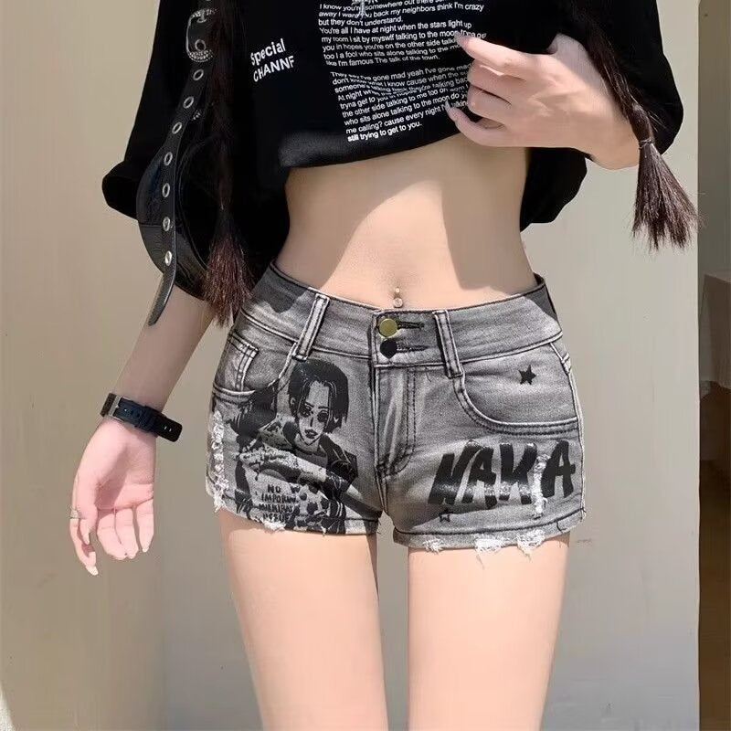 Graffiti Print Distressed Denim Shorts – High Waist Washed Hot Pants for Women (S–XL)
