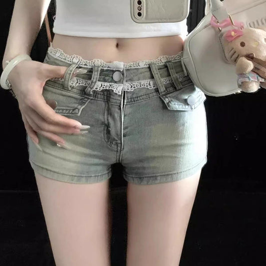 Lace Trim High-Waisted Denim Shorts – Slim Fit Washed Hot Pants (S–XL)